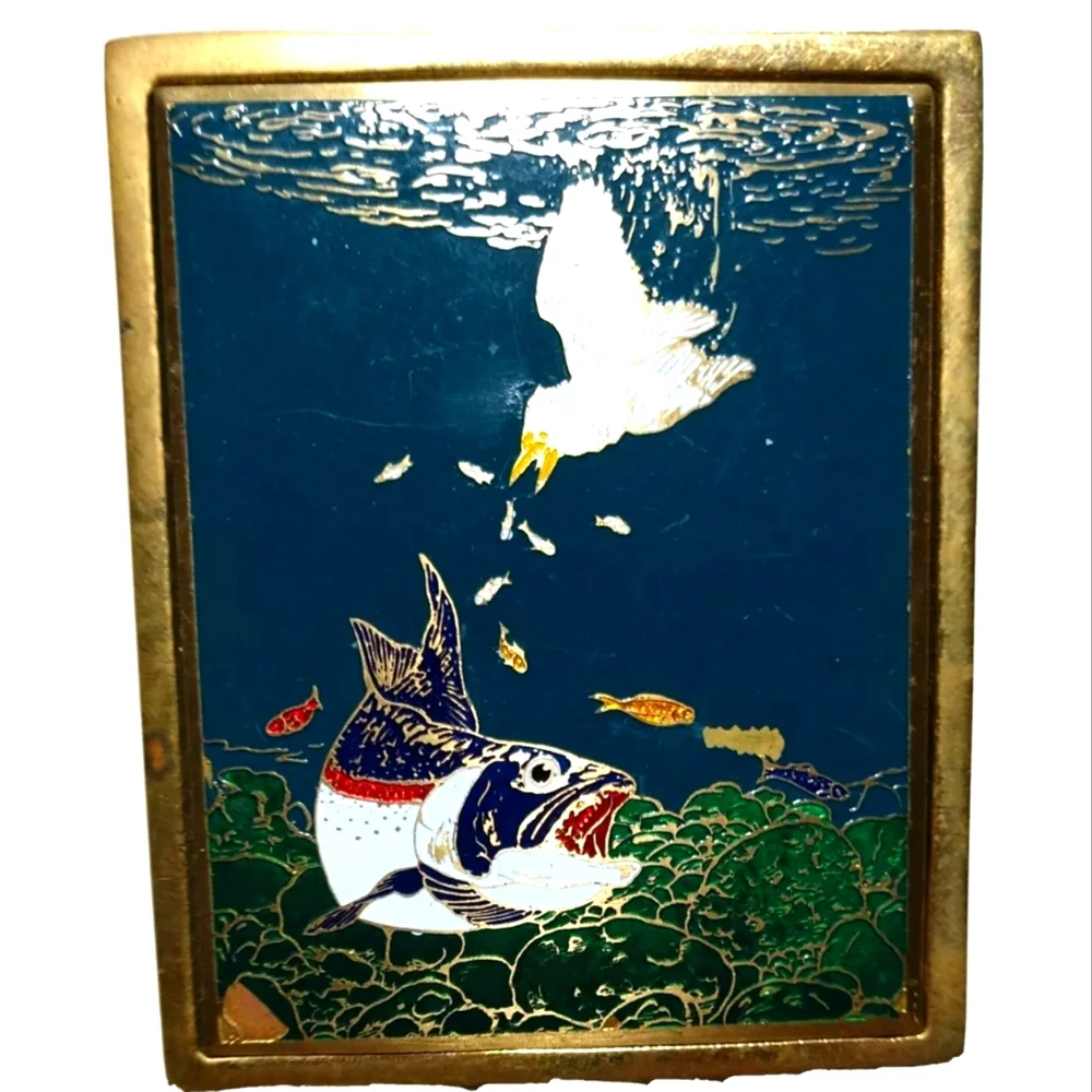 Art Nouveau Style Blue Cloisonne Enamel Bass Fish & Heron Bird Brass Belt Buckle